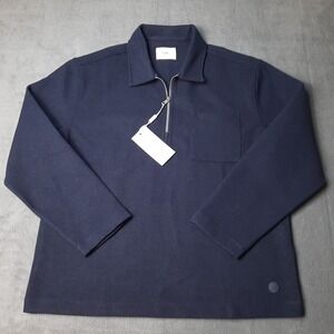 NEW Folk Jacket Mens Large Blue Navy Rugby Quarter Zip Sweater Pullover $150 TAG